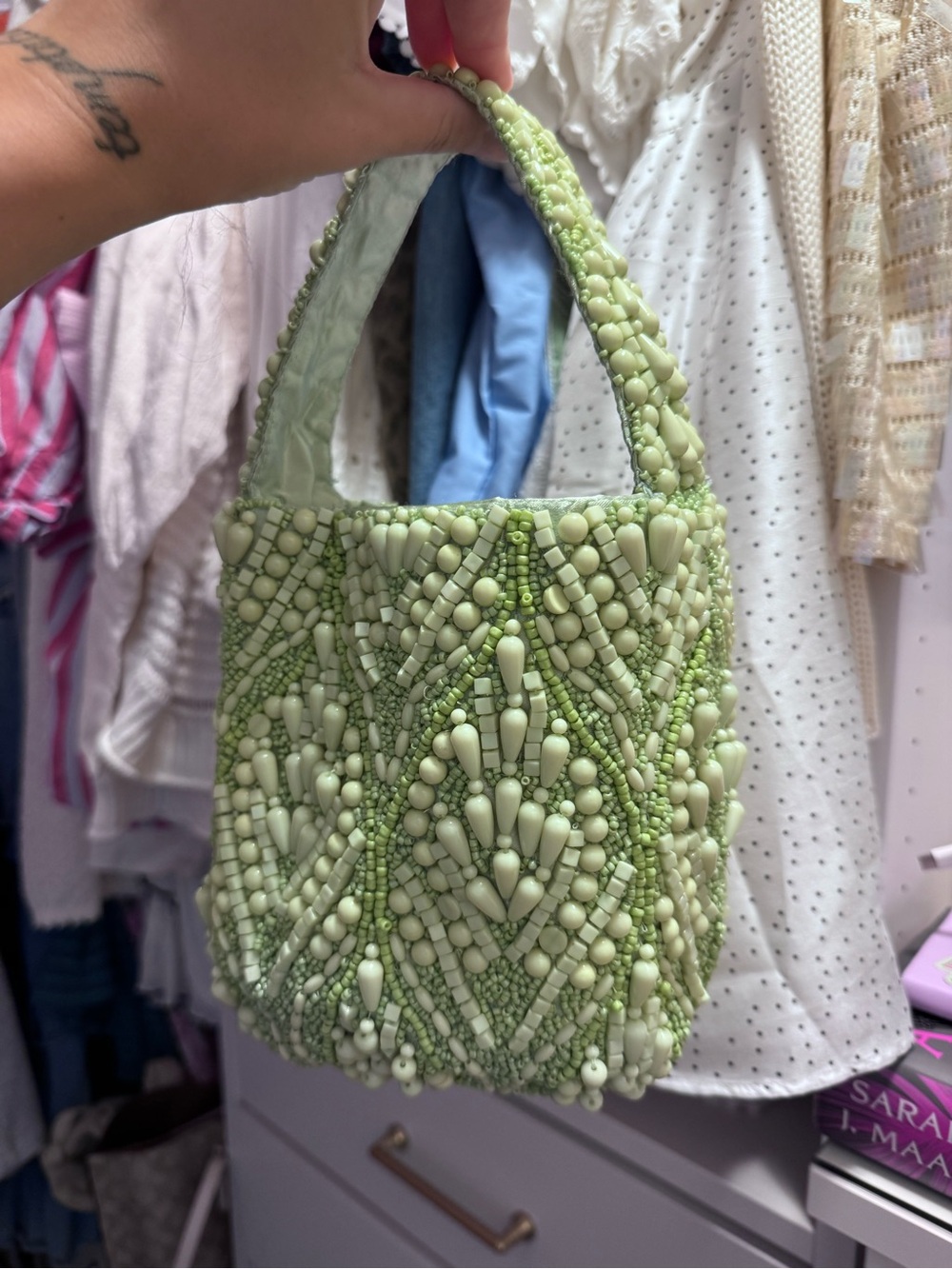 Beaded Mini Tote Bag in Light Green